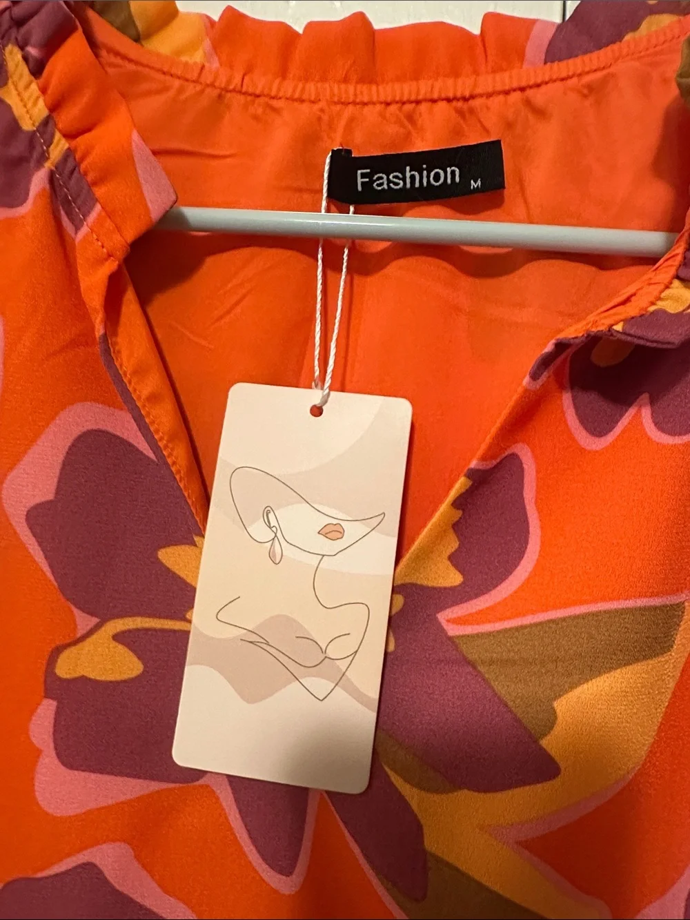 NWT Bright Orange Floral Ruffle-Neck Blouse - Picture 2 of 5